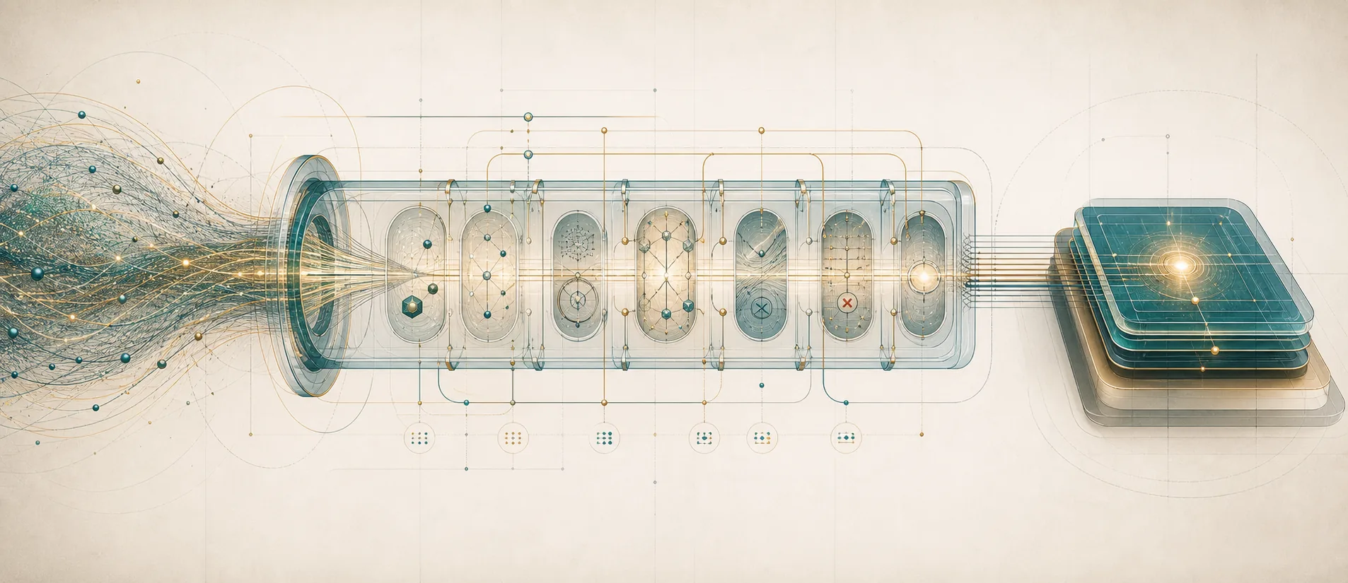 Abstract internal explainability lineage showing a forming AI proposal becoming a reviewable decision record