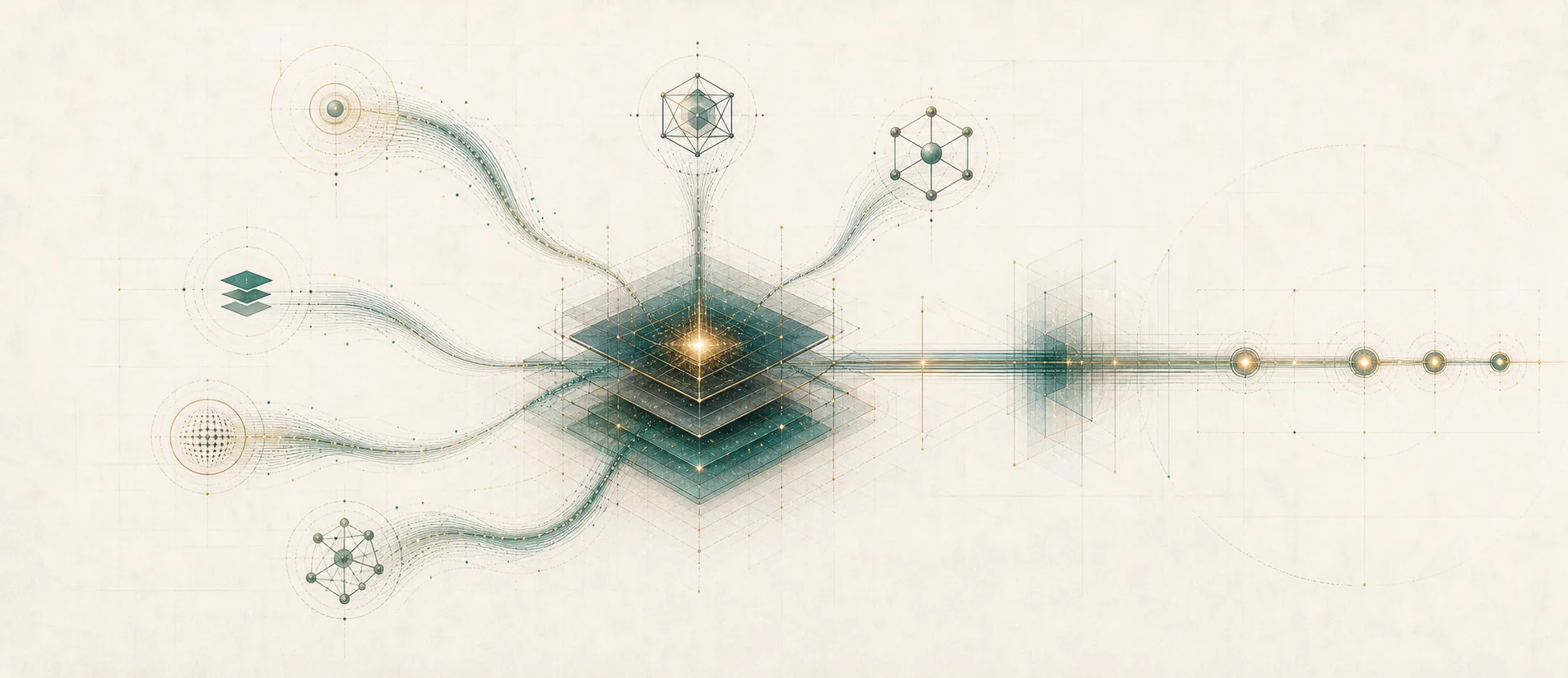 Abstract platform plate showing many forms of AI operation entering one internal alignment basis